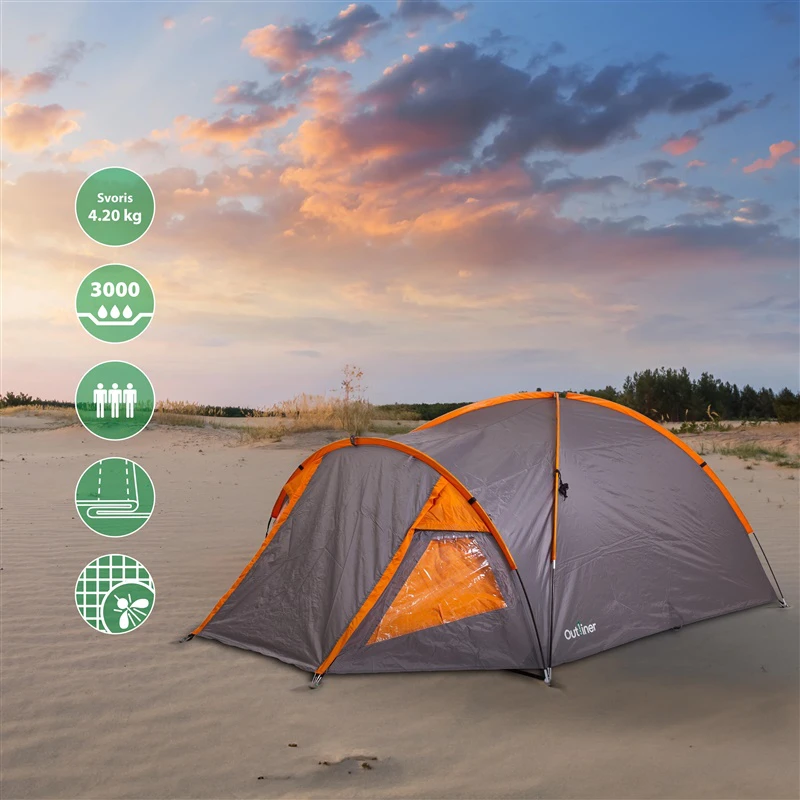 Trivietė palapinė Outliner RD-T22-3, oranžinė/pilka, 330 cm x 230 cm x 130 cm