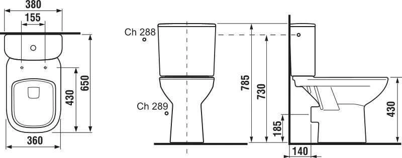 Jika pods Deep, 360x650 mm, horizontāls izvads, pievads no apakšas, balts