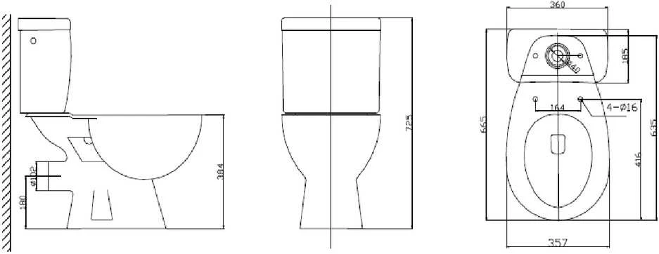 Unitazas, pastatomas Thema Lux PO121-P2B, su dangčiu, 357 mm x 665 mm