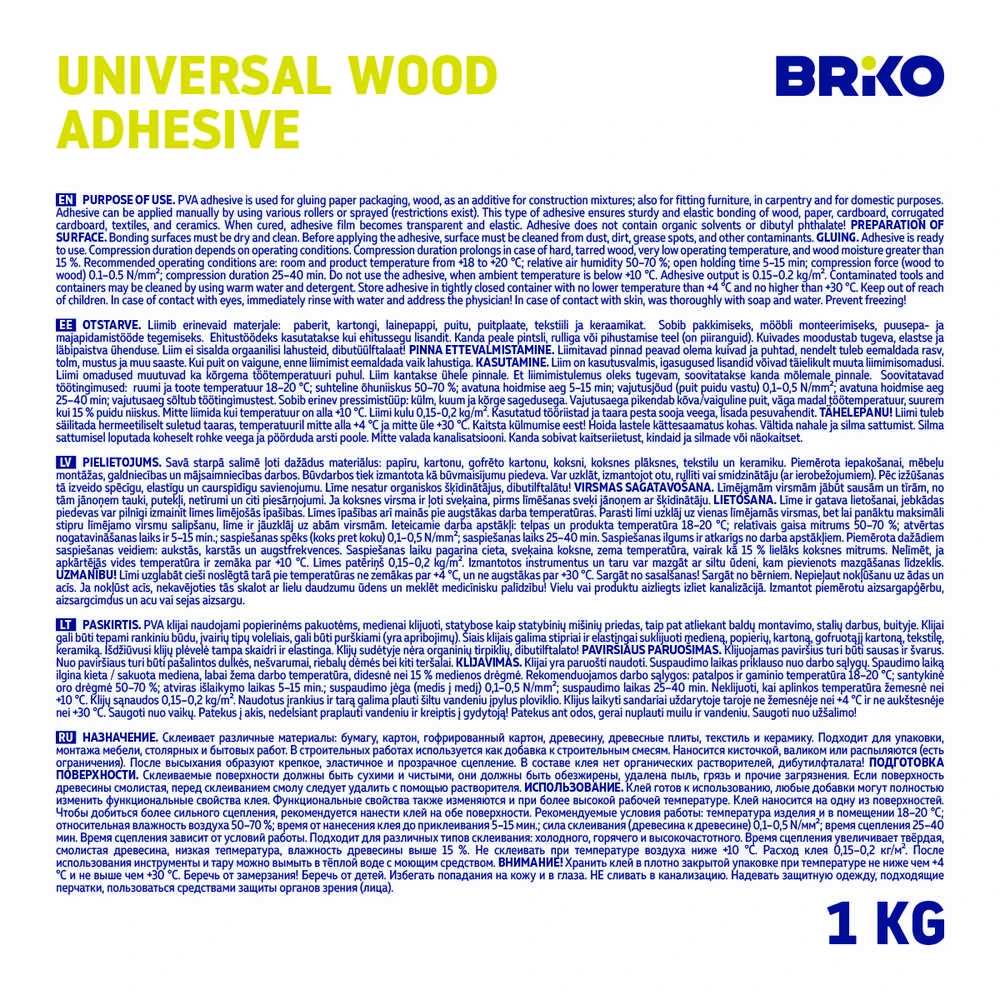 Universalūs klijai Briko PVA, 1kg, baltos spalvos.