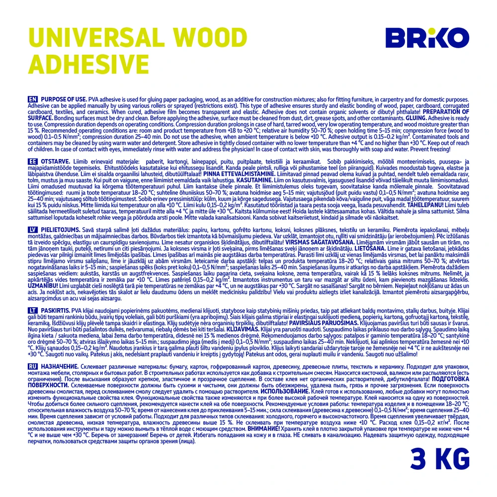 Universalūs klijai Briko PVA, 3kg, baltos spalvos.