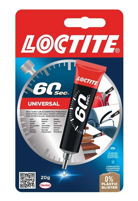 Universalūs klijai Loctite 60 sek., 0,02 kg, skaidrios spalvos.