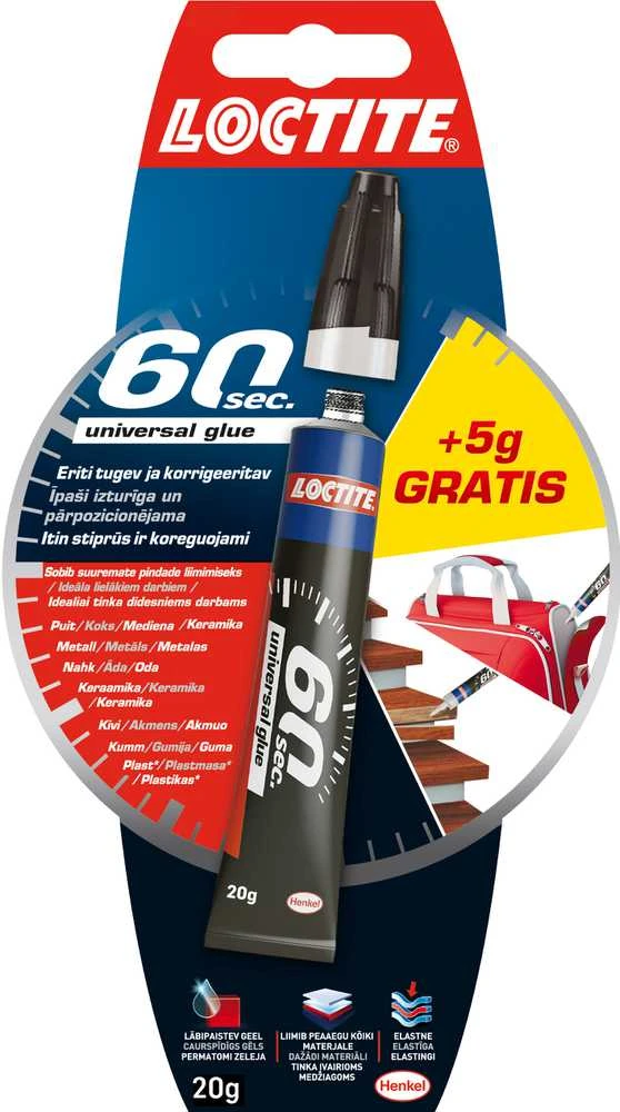 Universalūs klijai Loctite 60 sek., 0,02 kg, skaidrios spalvos.