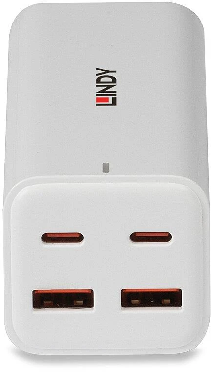 USB Įkroviklis - LINDY 100W 4 Prievadų GaN Įkroviklis su 2x USB Type C ir 2x Type A Prievadai, Baltas