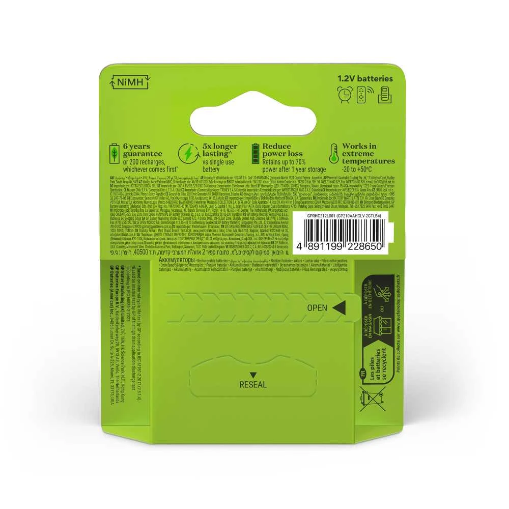 Uzlādējamās baterijas GP GPRHC212L001, AA, 2100 mAh, 4 gab.