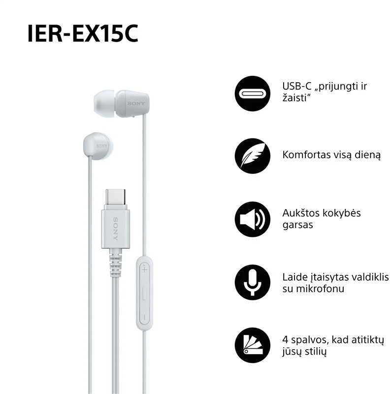 Sony Earbuds | IER‑EX15C | su laidu | į ausis įkišamos | Mikrofonas | Baltas