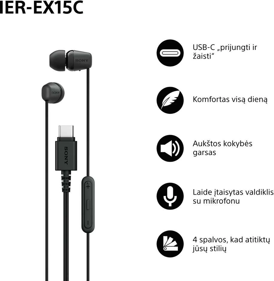 Sony Earbuds | IER‑EX15C | su laidu | į ausis įkišamos | Mikrofonas | Juodas