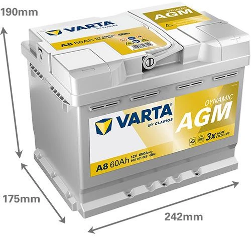 Varta AGM 60Ah akumuliatorius su matmenimis