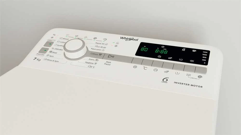 WHIRLPOOL Viršutinė skalbimo mašina TDLR 7231BS EU 7kg, 1200 aps./min., D energijos klasė, Plotis 40 cm, Gylis 60 cm, Inverterinis variklis