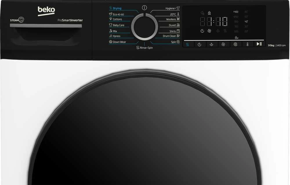 BEKO | Skalbimo mašina with dryer | BMM5DFO5741WPB | Energy efficiency class A/D | Front loading | Skalbimo talpa 7kg | 1400 RPM | Gylis 52 cm | Plotis 60 cm | Ekranas | LED | Drying system | Drying capacity 5kg | Steam function | Baltas