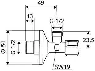 Ventilis Schell, stūra, ūdensvadam, 1/2 collas – ārējā vītne