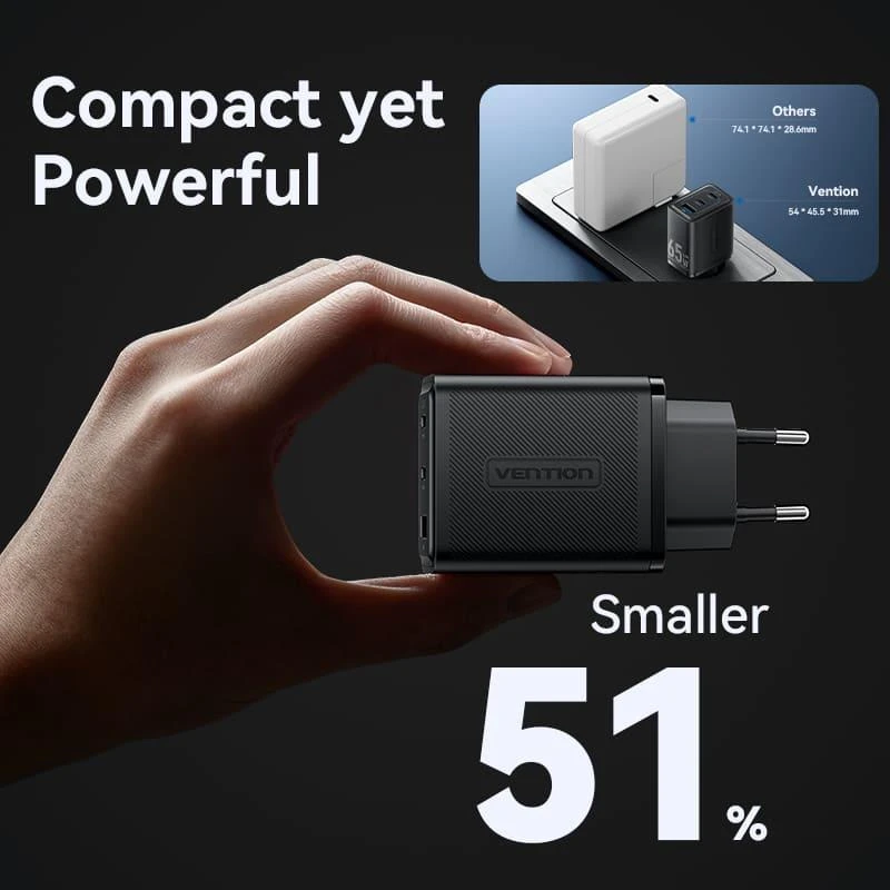 Vention Sieninis įkroviklis, ventiliacija, FERB0-EU, 2xUSB-C, USB-A, 65W/65W/30W, GaN (juoda)