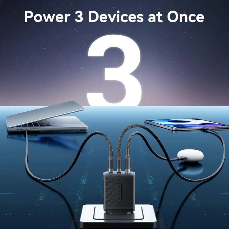 Vention Sieninis įkroviklis, ventiliacija, FERB0-EU, 2xUSB-C, USB-A, 65W/65W/30W, GaN (juoda)