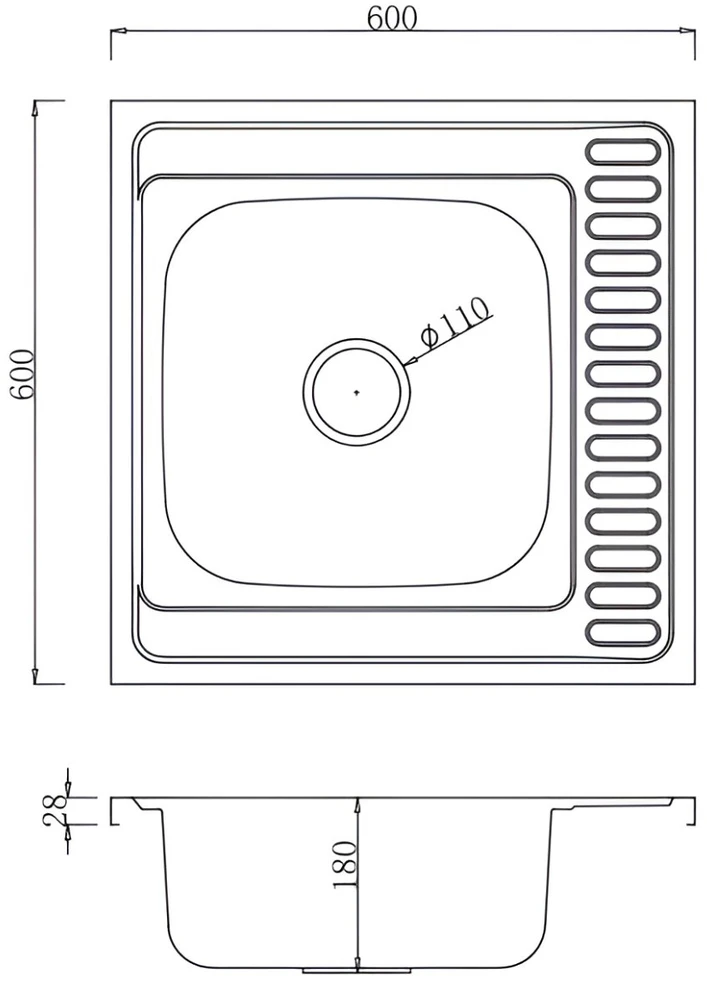 Virtuvės kriauklė AB 600X600X0.6MM Nerūdijančio plieno, kairinė