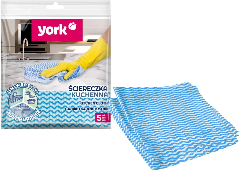 Šluostė, virtuvei York 021030, ,spalva/dizainas parenkami atsitiktine tvarka,, poliesteris/viskozė, 5 vnt.