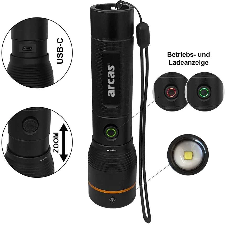 Rankinis žibintuvėlis, 2000lm, 20W, įkraunamas USB-C, juodas, ARCAS