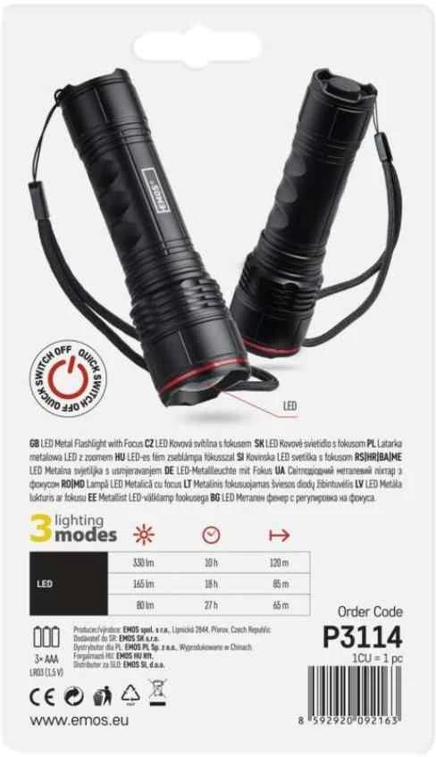 Žibintuvėlis Emos Žibintuvėlis metalo sp. P3114 LED 330lm 3xAAA su zoomem juoda