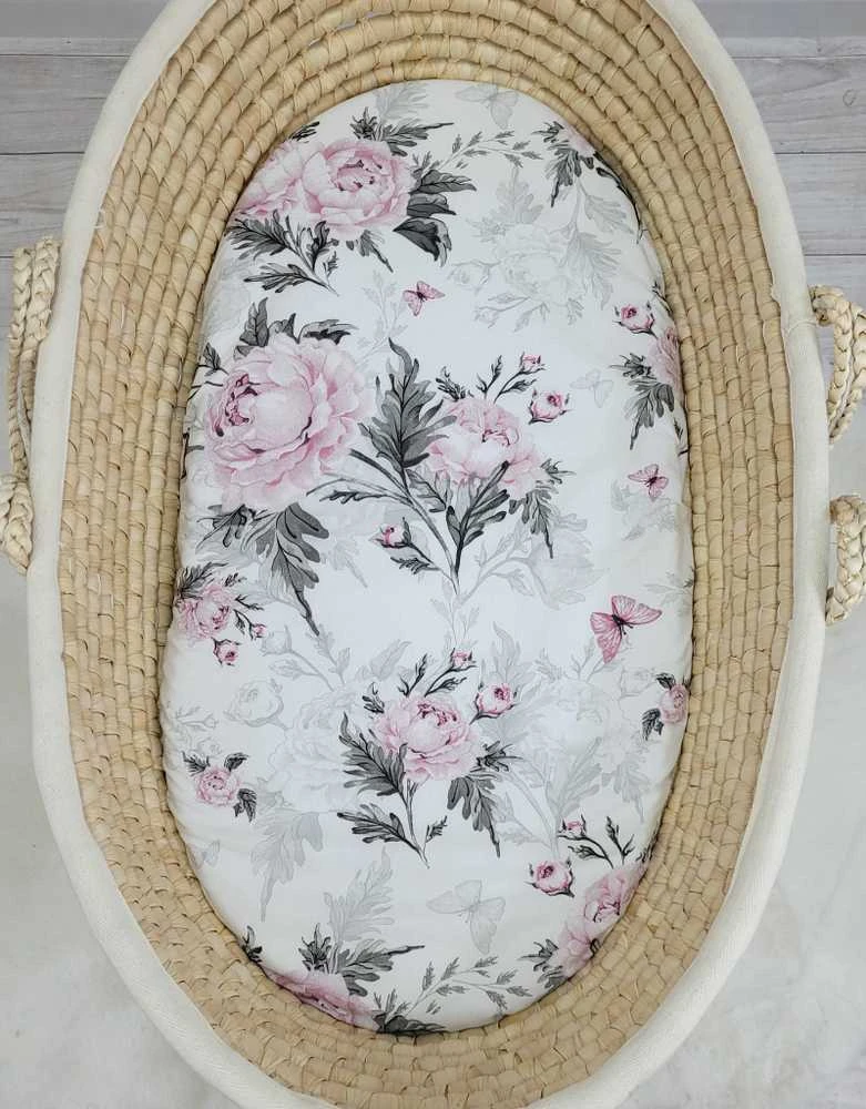 My Sweet Baby Medvilninis patalynės užvalkalas kūdikio lopšiui 75x35 cm, romantinės bijūnų gėlės