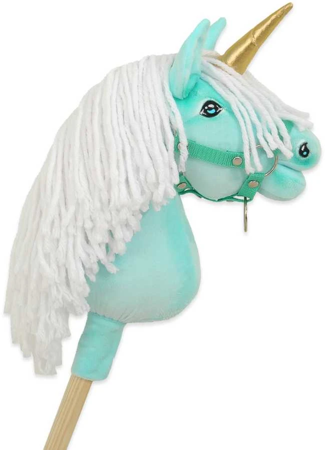 Super Hobby Horse Vienaragis Hobby Horse su lazda mėtų spalvos su balta karčiais ir auksiniu ragu