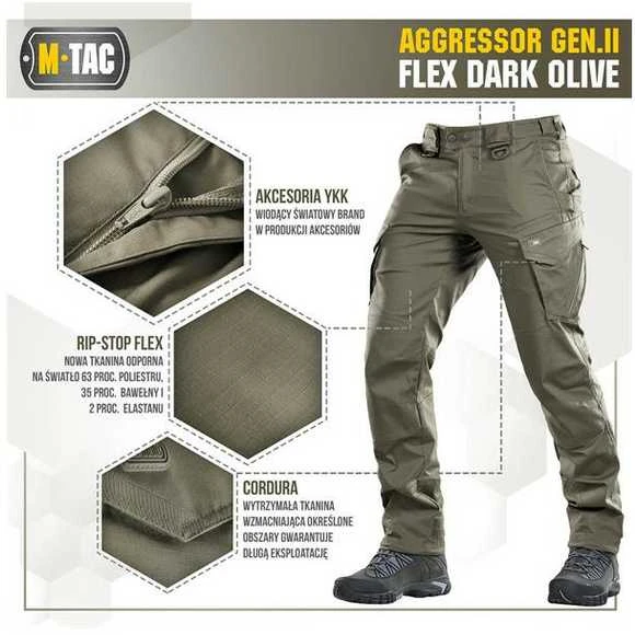 M-Tac Tactical Pants Aggressor Gen.II Flex Taktinės kelnės, Dark Olive spalvos