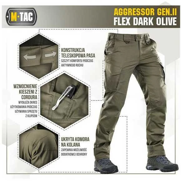 M-Tac Tactical Pants Aggressor Gen.II Flex Taktinės kelnės, Dark Olive spalvos