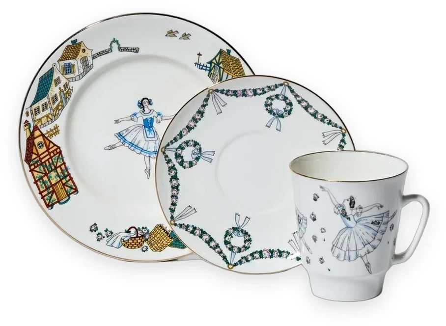 Kavos puodelio, lėkštutės ir deserto lėkštės rinkinys, 165 ml, May forma, Baleto Žizelės raštas