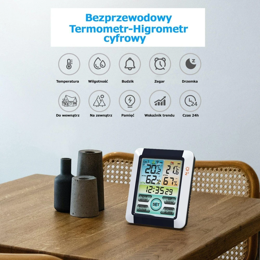 Bauerkraft belaidė balta meteorologinė stotelė su termometru, higrometru, laikrodžiu ir žadintuvu