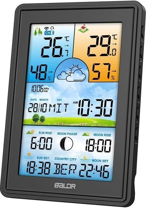 Bauerkraft belaidė meteorologinė stotelė su termometru, higrometru, laikrodžiu, mėnulio fazėmis, kalendoriumi ir žadintuvu su snaudimo funkcija, juoda