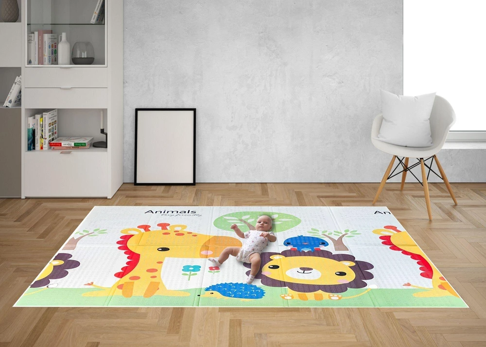 Bauerkraft Dvipusis sulankstomas edukacinis putplasčio kilimėlis vaikams „Safari“, 180 × 200 cm