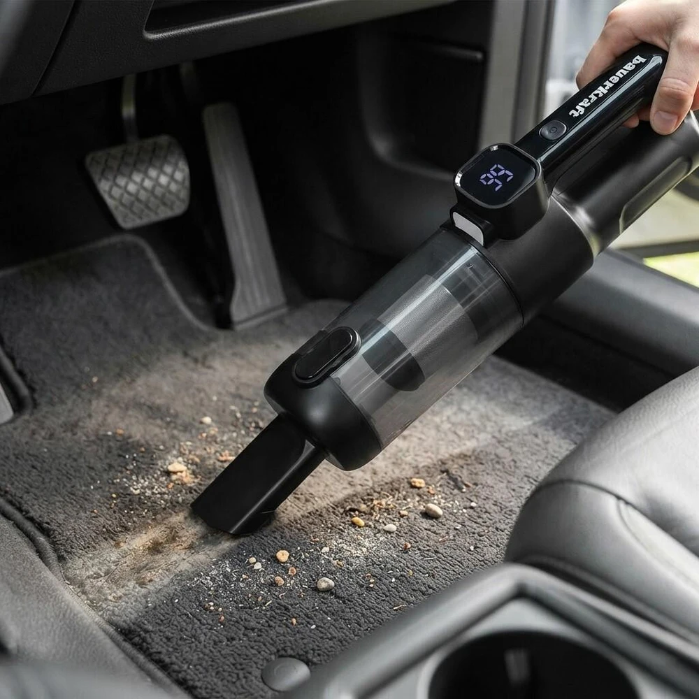 Bauerkraft juodas belaidis akumuliatorinis rankinis automobilinis dulkių siurblys su pūstuvo funkcija ir papildomu HEPA filtru