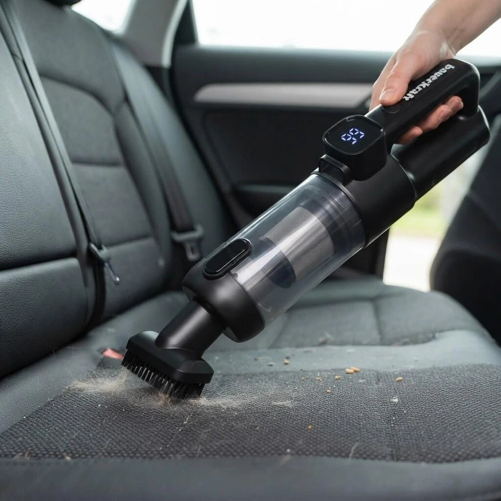 Bauerkraft juodas belaidis akumuliatorinis rankinis automobilinis dulkių siurblys su pūstuvo funkcija ir papildomu HEPA filtru