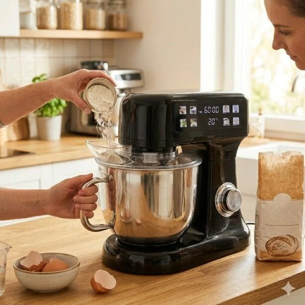 Virtuvinis kombainas Bauerkraft Planetarinis virtuvinis maišytuvas su 5 l dubeniu, 1500 W ir silikonine mentele, juodas