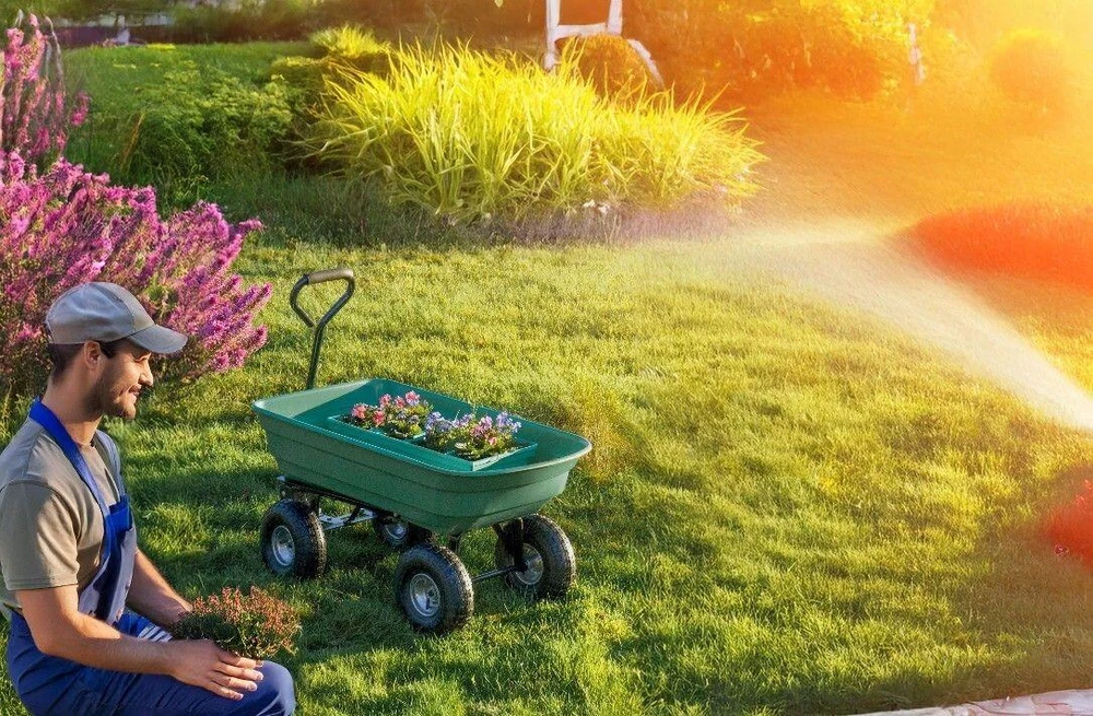 „Bauerkraft“ sodo transportavimo vežimėlis-karutis, savivartis, su pasukamais ratais, žalias