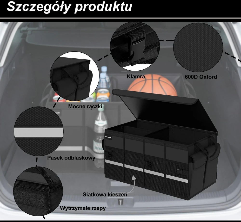 Bauerkraft Sulankstomas neslystantis juodas automobilio bagažinės krepšys-organizatorius