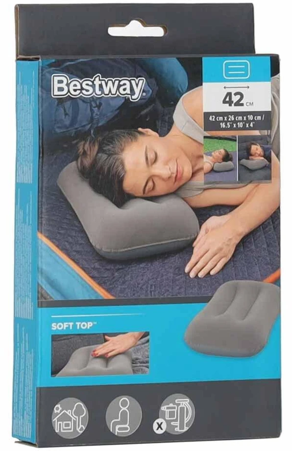 BESTWAY 67121 Kelioninė pripučiama veliūrinė pagalvėlė pilka