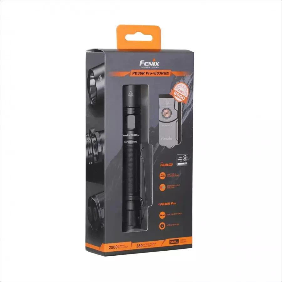 Fenix PD36R Pro ir E03R V2.0 pilko LED žibintuvėlių rinkinys