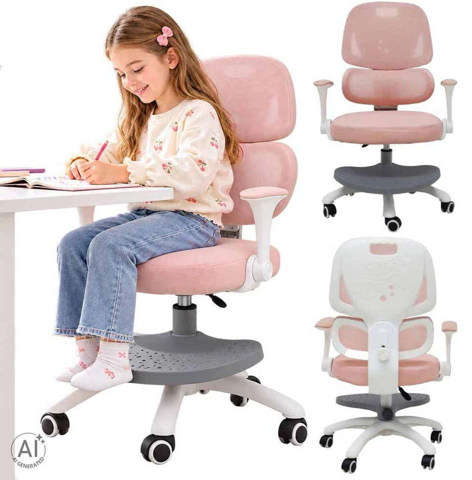 Ikonka Vaikiška stalo kėdė, ergonomiška, pasukama, reguliuojamo aukščio, rožinės spalvos