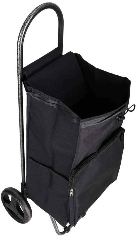 Ikonka Juodas pirkinių vežimėlis su krepšiu ant ratukų ir termo kišene, 95 cm