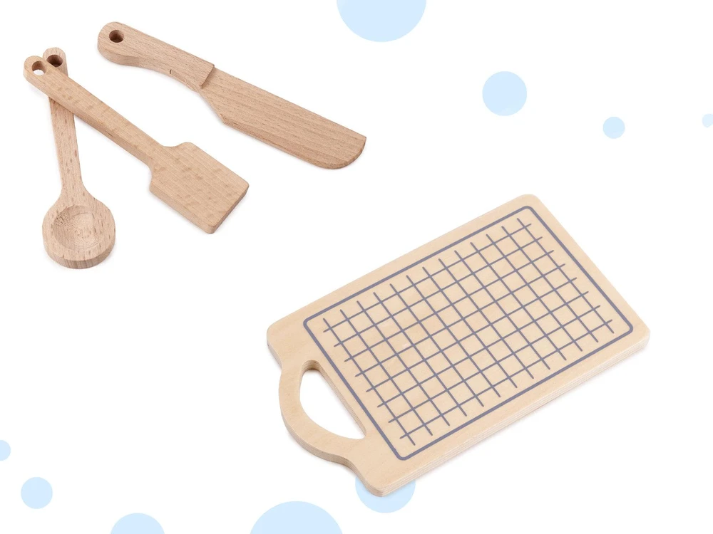 Ikonka Medinė vaikiška virtuvėlė MODERN CLASSIC MDF su priedais, 82 cm, pilka