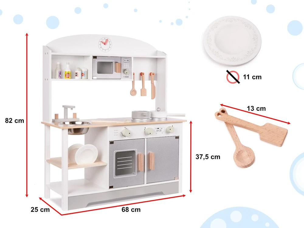 Ikonka Medinė vaikiška virtuvėlė MODERN CLASSIC MDF su priedais, 82 cm, pilka