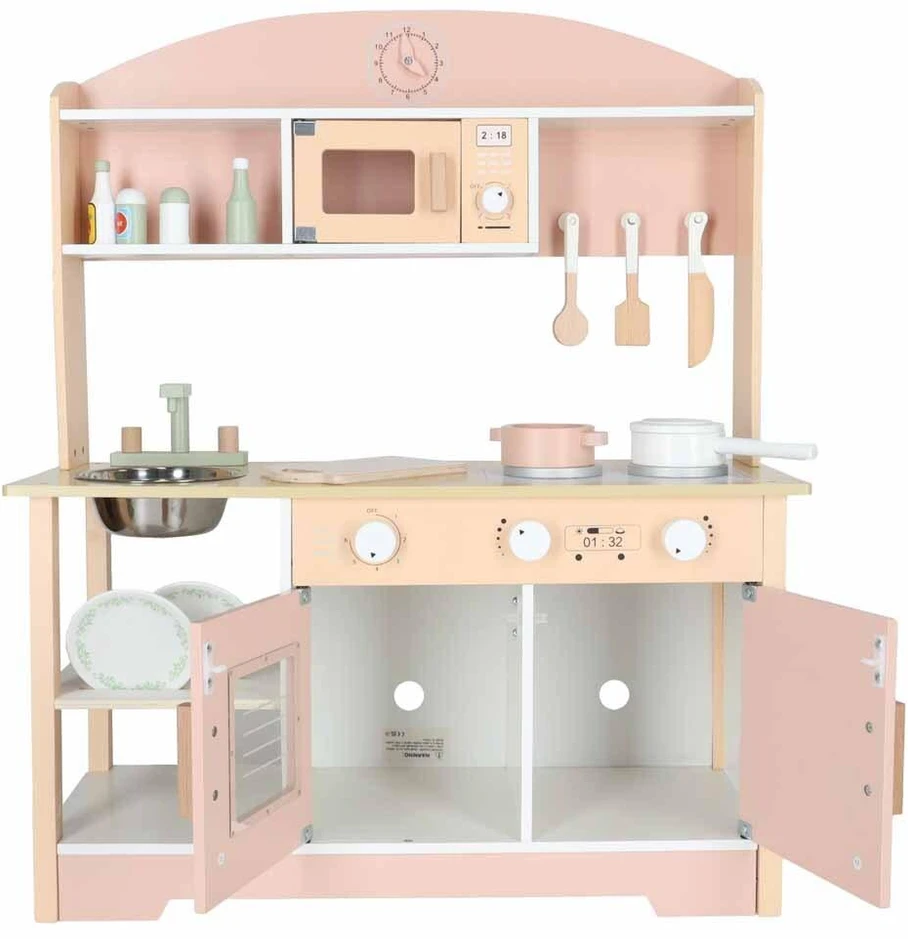 Ikonka Medinė vaikų virtuvėlė MDF MODERN CLASSIC su priedais, 82 cm, rožinė