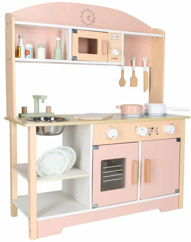 Ikonka Medinė vaikų virtuvėlė MDF MODERN CLASSIC su priedais, 82 cm, rožinė