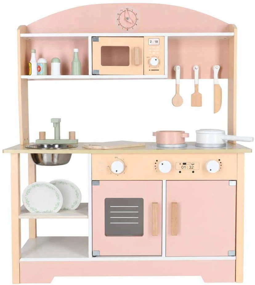 Ikonka Medinė vaikų virtuvėlė MDF MODERN CLASSIC su priedais, 82 cm, rožinė