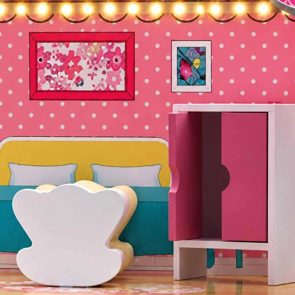 Ikonka MDF medinis lėlių namelis + baldai 70cm rožinis LED