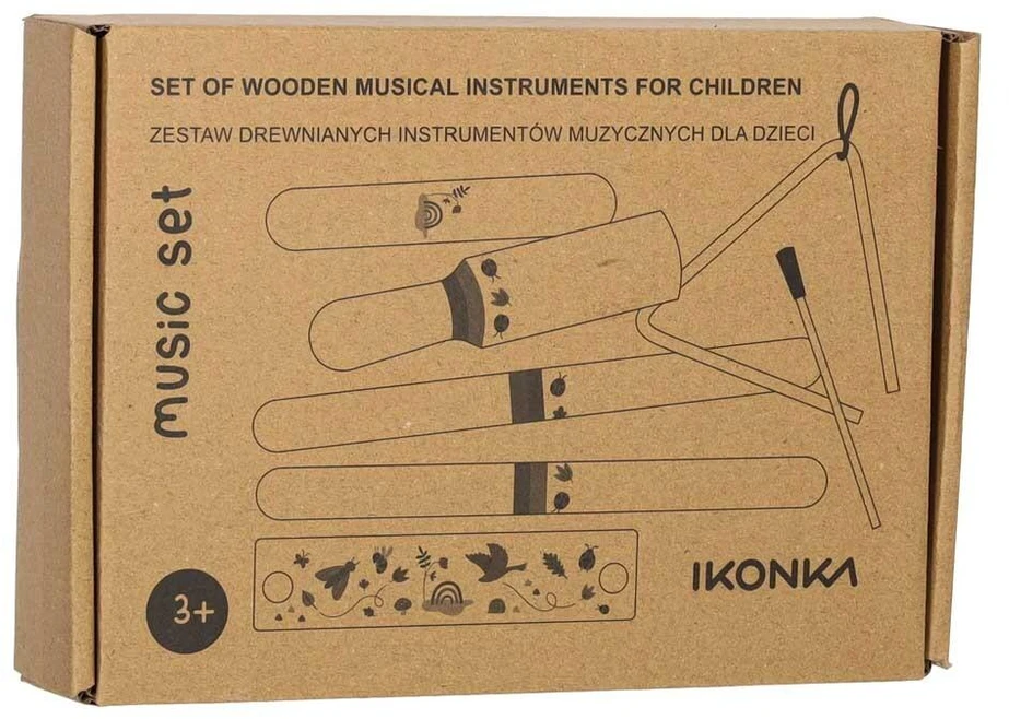 Ikonka Medinių muzikos instrumentų rinkinys vaikams: trikampis, lazdelės, lūpinė armonikėlė ir guiro