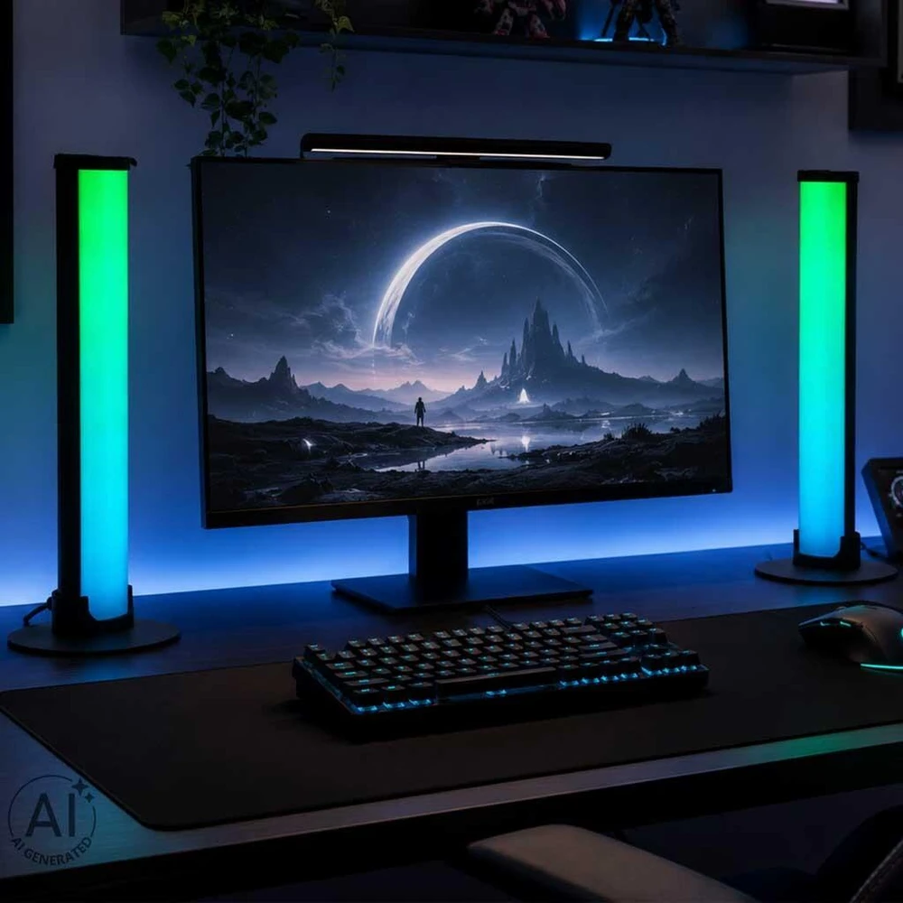 Ikonka RGB LED stalo lempa žaidimams, stulpeliai su nuotolinio valdymo pulteliu, 2 vnt. rinkinys