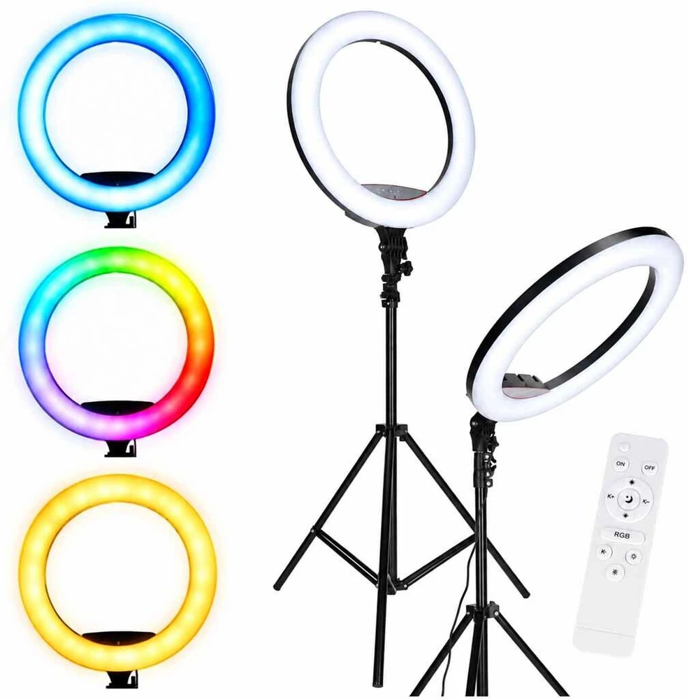 Ikonka RGB LED žiedinė lempa asmenukėms ir vaizdo įrašams su trikoju bei nuotolinio valdymo pulteliu, 45 cm