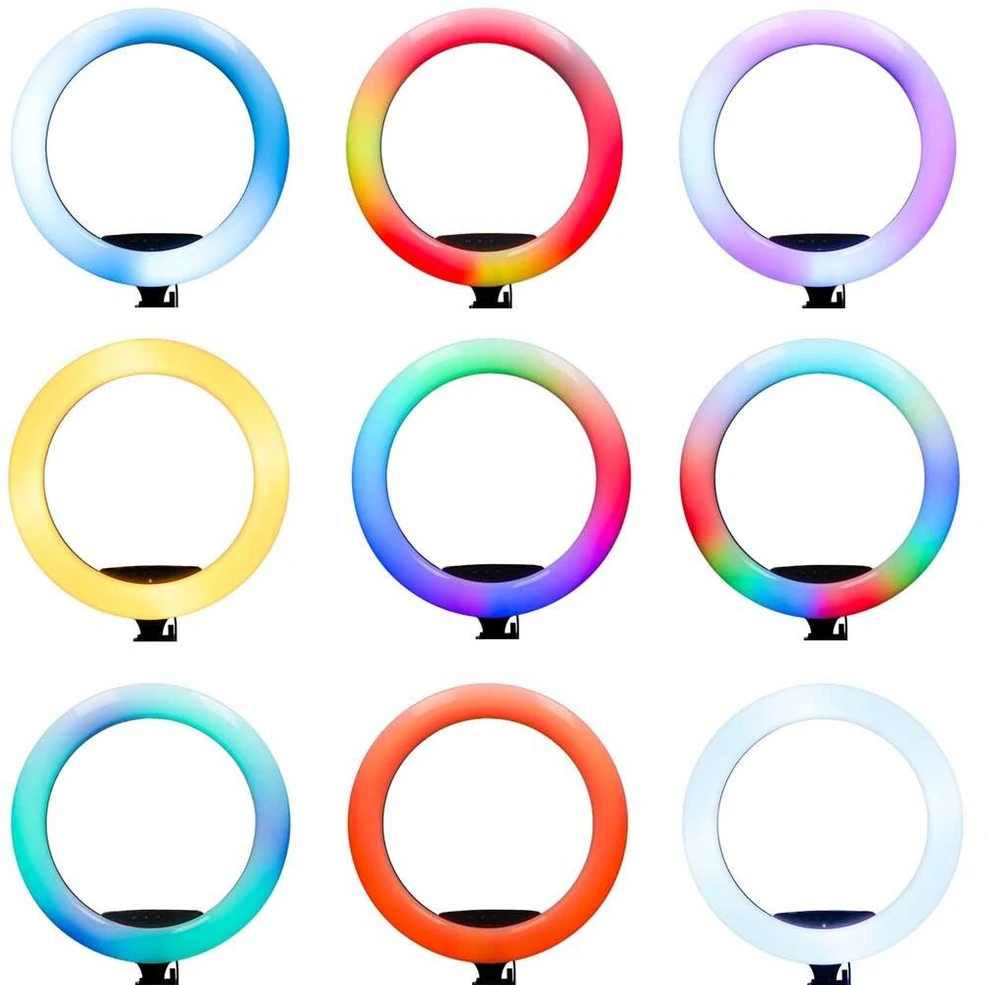 Ikonka RGB LED žiedinė lempa asmenukėms ir vaizdo įrašams su trikoju bei nuotolinio valdymo pulteliu, 45 cm
