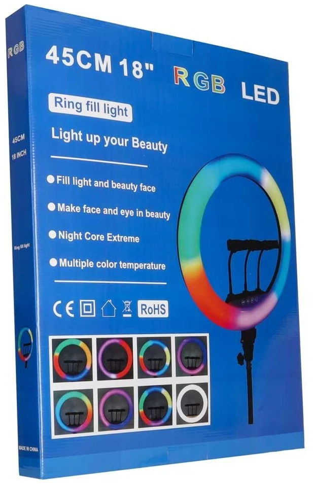 Ikonka RGB LED žiedinė lempa asmenukėms ir vaizdo įrašams su trikoju bei nuotolinio valdymo pulteliu, 45 cm