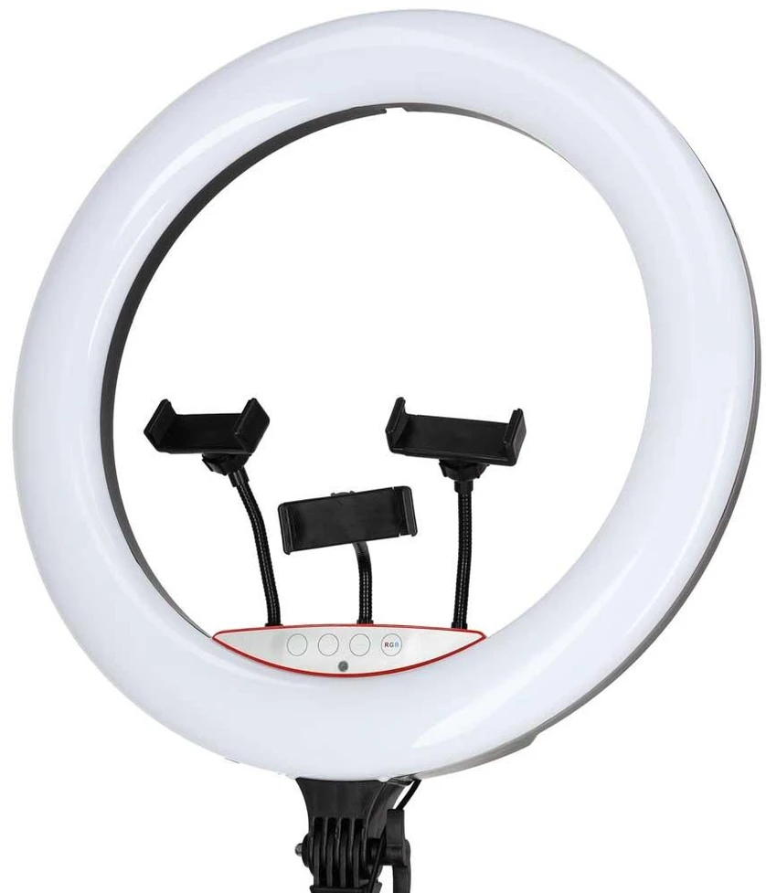 Ikonka RGB LED žiedinė lempa asmenukėms ir vaizdo įrašams su trikoju bei nuotolinio valdymo pulteliu, 45 cm